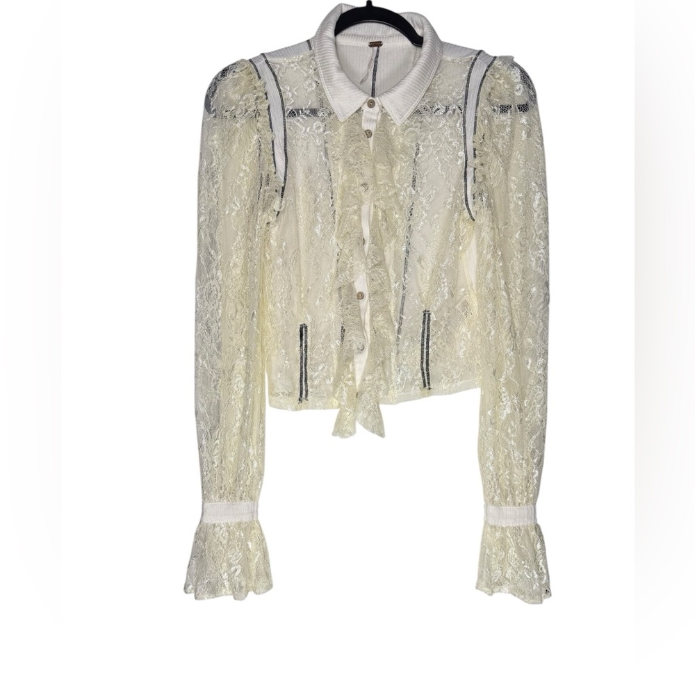 Free People Ivory Mixed Lace Button Down Ruffle Long sleeve top women’s Small